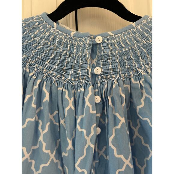 Girl's "Smocked PolkaDot" Blue Embroidered Snowflake Quatrefoil Print Dress - Picture 6 of 9